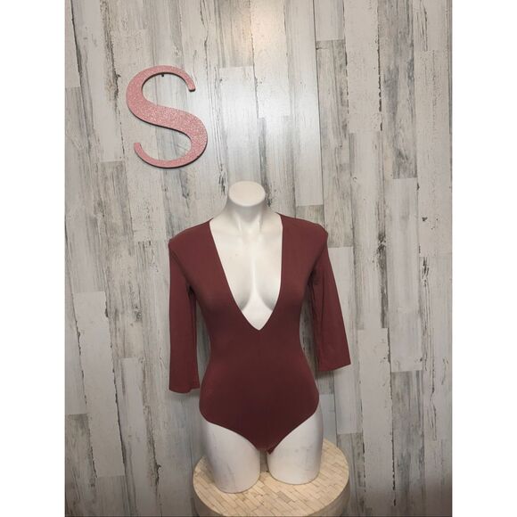 Rust Brown Deep V-Neck Long Sleeve Bodysuit – Size Small - Picture 1 of 5